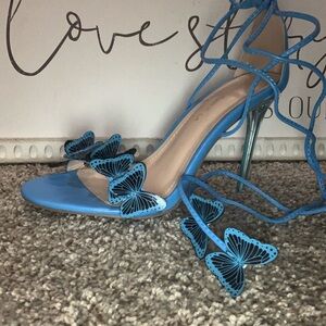 Shoe Republic LA Blue Butterfly Lace-Up Stilettos